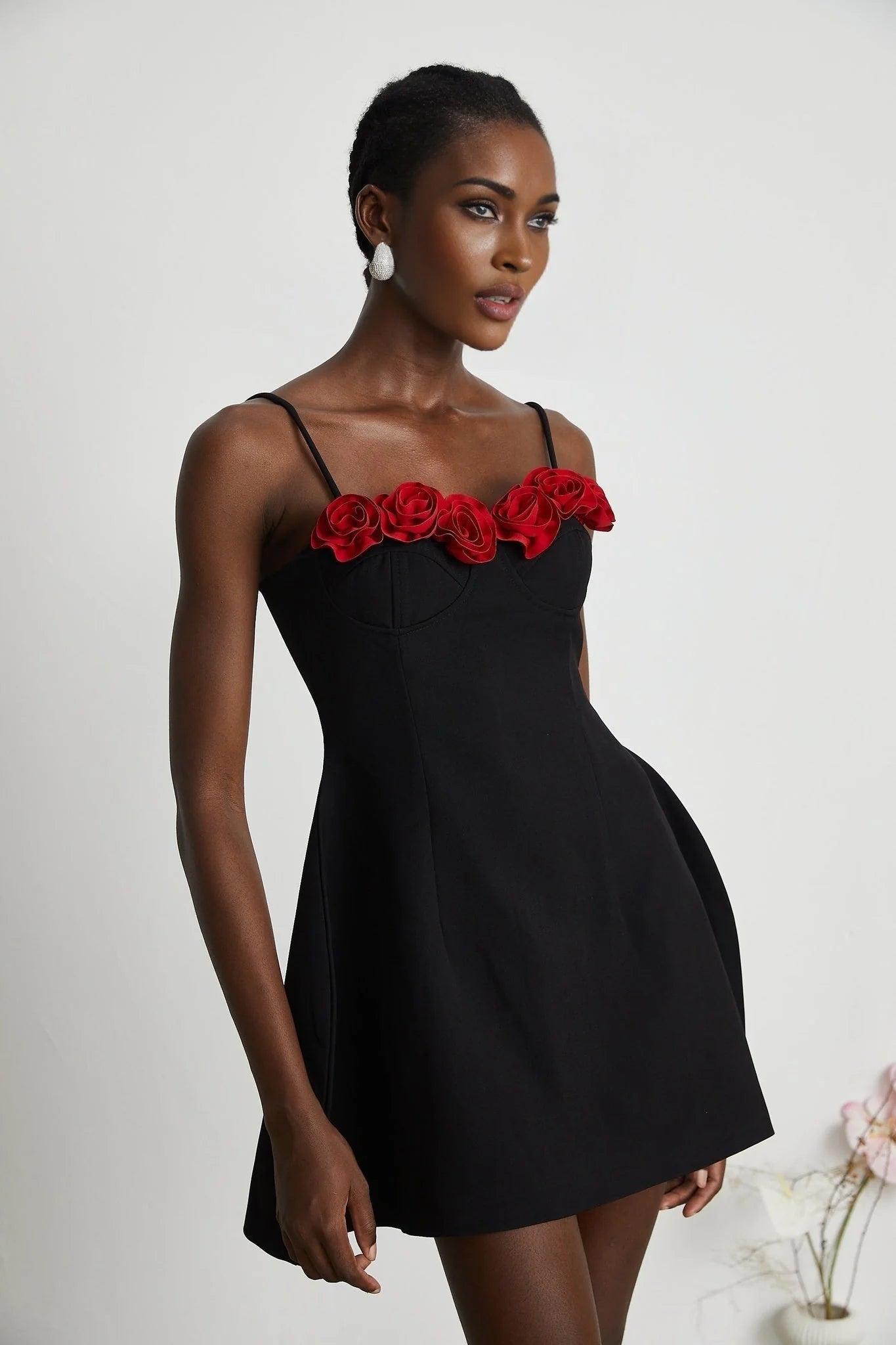 Ginetta Mini Dress - Sleeveless Spaghetti Strap Bustier Style Faux - Flower Embellishment Zip Fastening