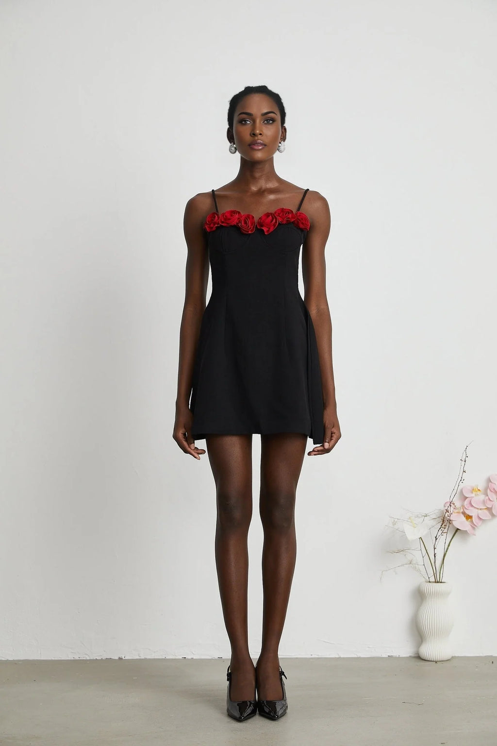 Ginetta Mini Dress - Sleeveless Spaghetti Strap Bustier Style Faux - Flower Embellishment Zip Fastening