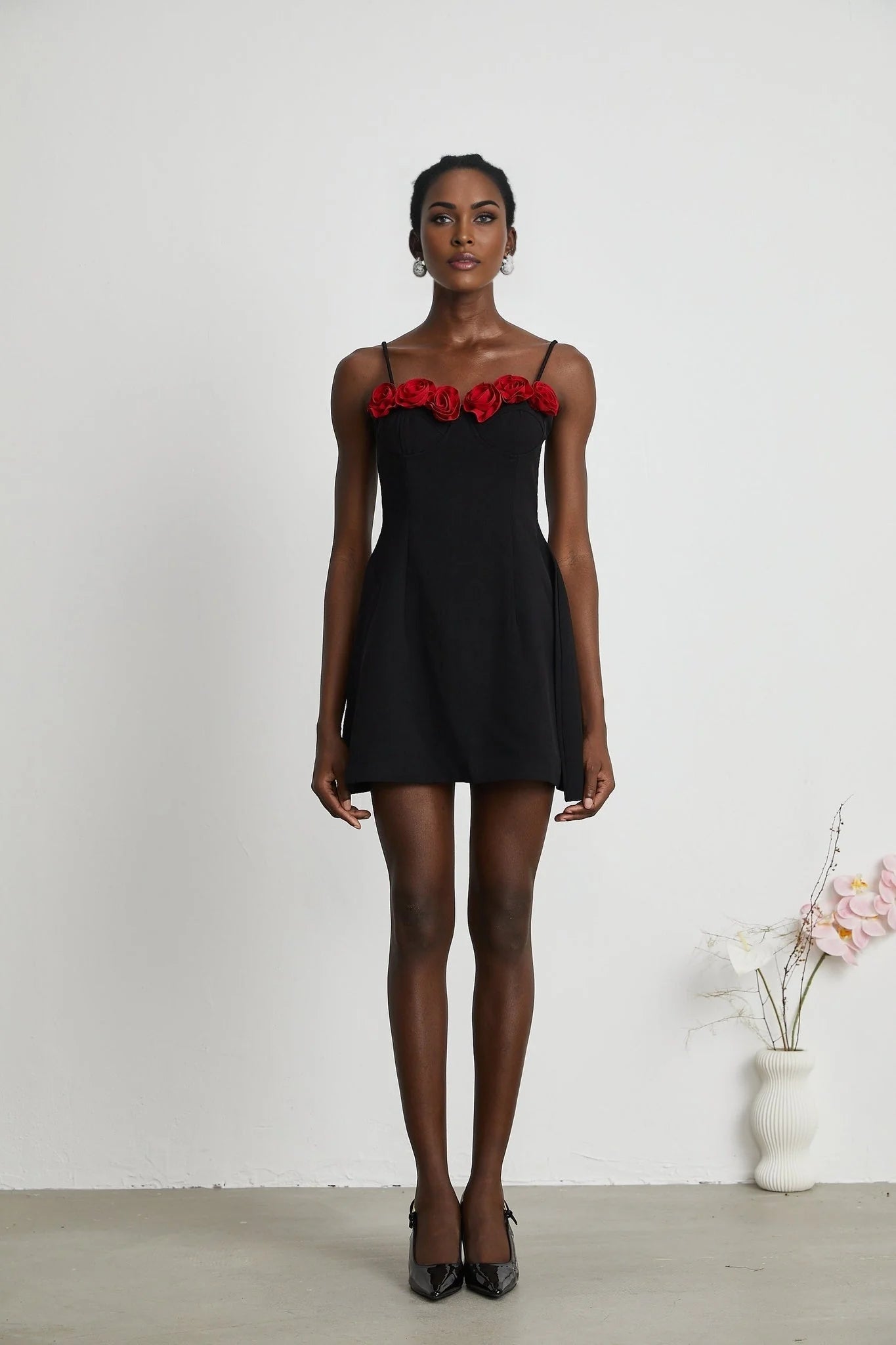 Ginetta Mini Dress - Sleeveless Spaghetti Strap Bustier Style Faux - Flower Embellishment Zip Fastening