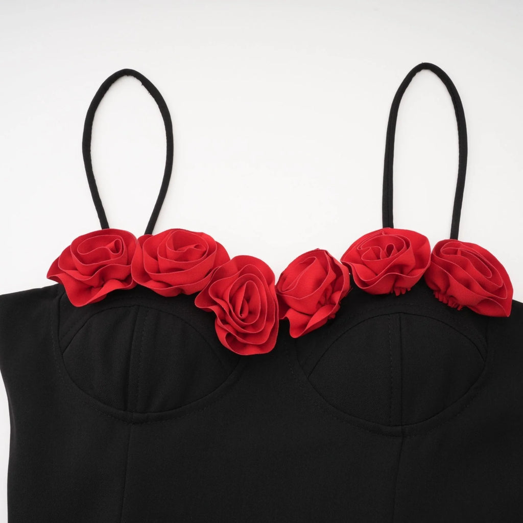 Ginetta Mini Dress - Sleeveless Spaghetti Strap Bustier Style Faux - Flower Embellishment Zip Fastening