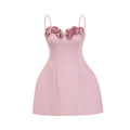 Ginetta Mini Dress - Sleeveless Spaghetti Strap Bustier Style Faux - Flower Embellishment Zip Fastening