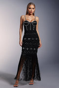 Ginevra Black Lace Diamond Embellished Fitted Dress with Tassels and Spaghetti Straps