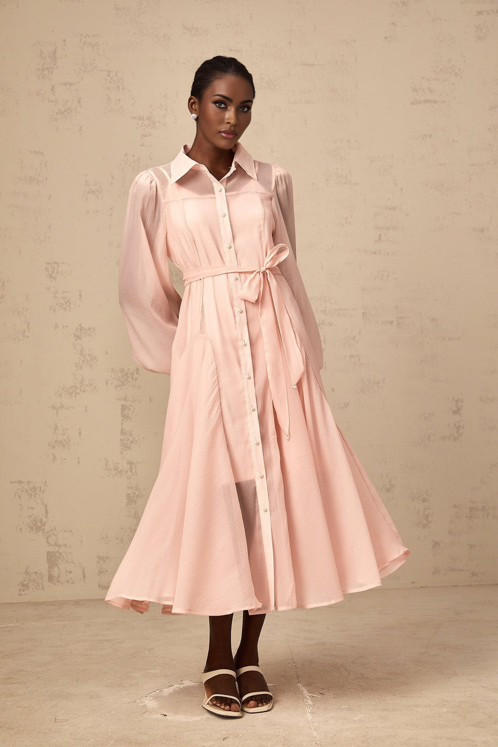 Ginevra Midi Dress - Semi - Sheer Construction - Balloon Sleeves - Tied Waist - Faux - Pearl Embellishment