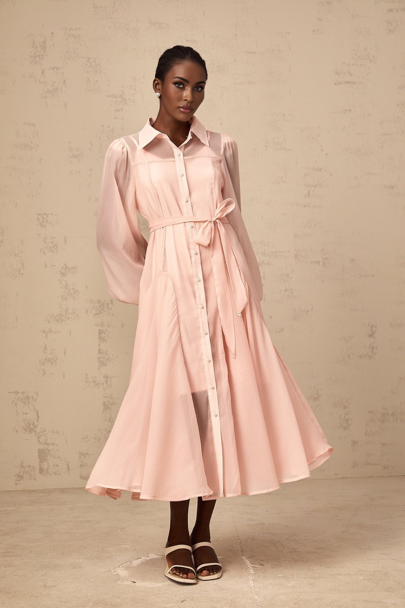 Ginevra Midi Dress - Semi - Sheer Construction - Balloon Sleeves - Tied Waist - Faux - Pearl Embellishment