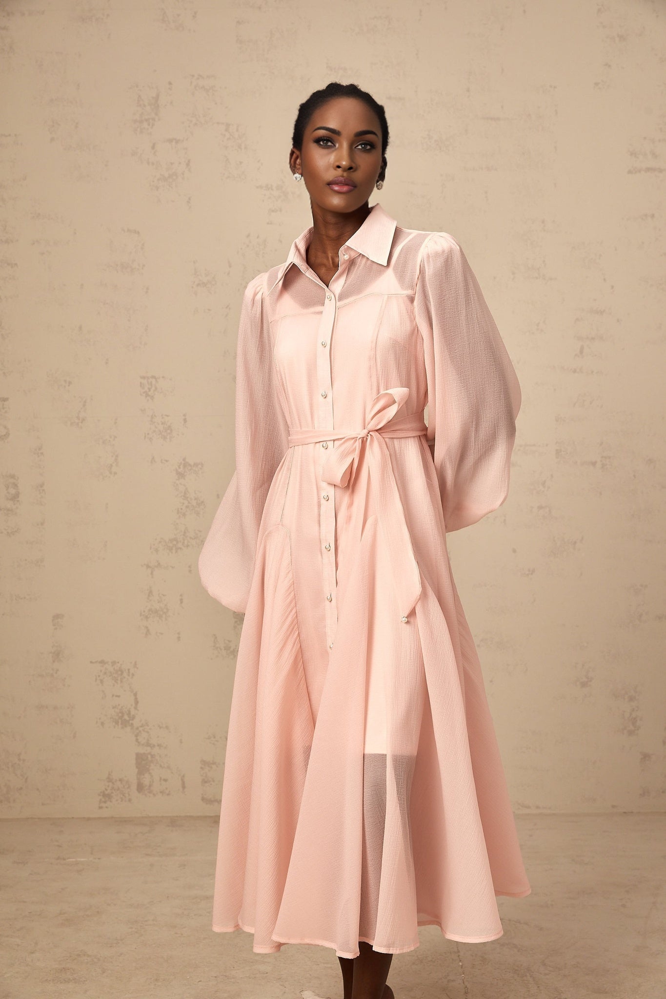 Ginevra Midi Dress - Semi - Sheer Construction - Balloon Sleeves - Tied Waist - Faux - Pearl Embellishment