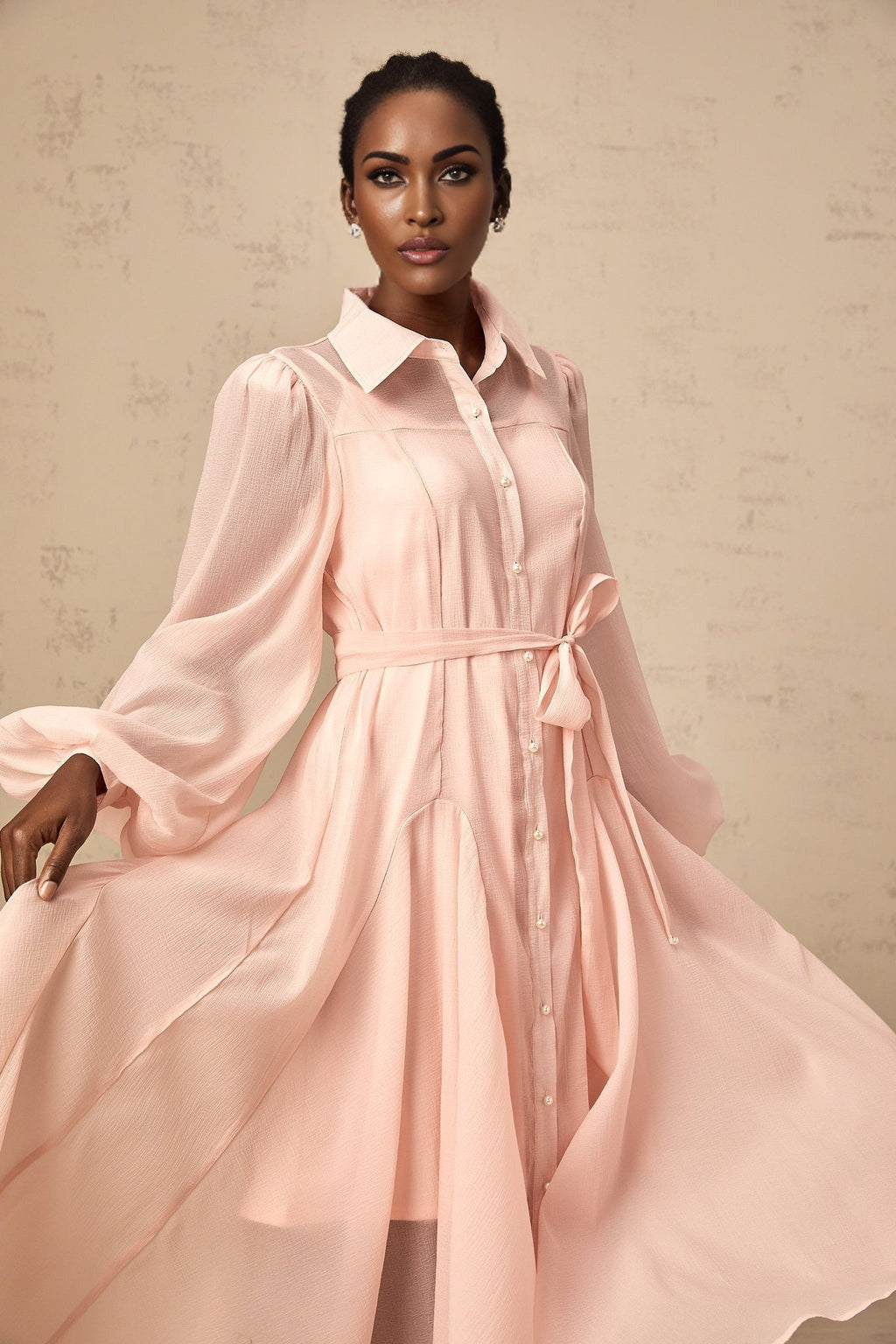 Ginevra Midi Dress - Semi - Sheer Construction - Balloon Sleeves - Tied Waist - Faux - Pearl Embellishment