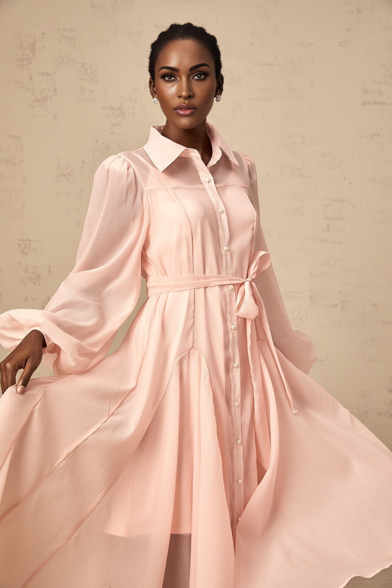 Ginevra Midi Dress - Semi - Sheer Construction - Balloon Sleeves - Tied Waist - Faux - Pearl Embellishment