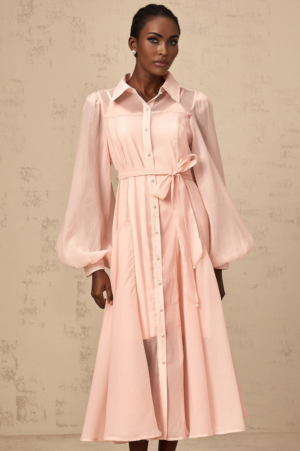 Ginevra Midi Dress - Semi - Sheer Construction - Balloon Sleeves - Tied Waist - Faux - Pearl Embellishment