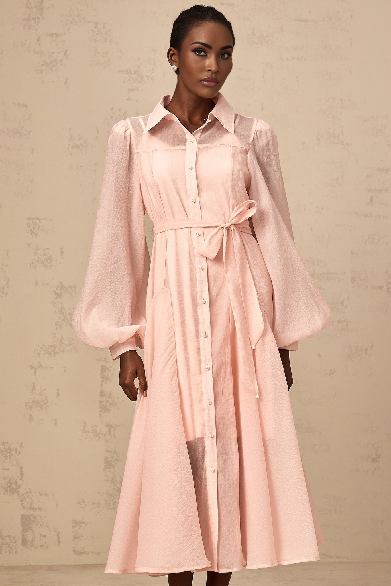 Ginevra Midi Dress - Semi - Sheer Construction - Balloon Sleeves - Tied Waist - Faux - Pearl Embellishment