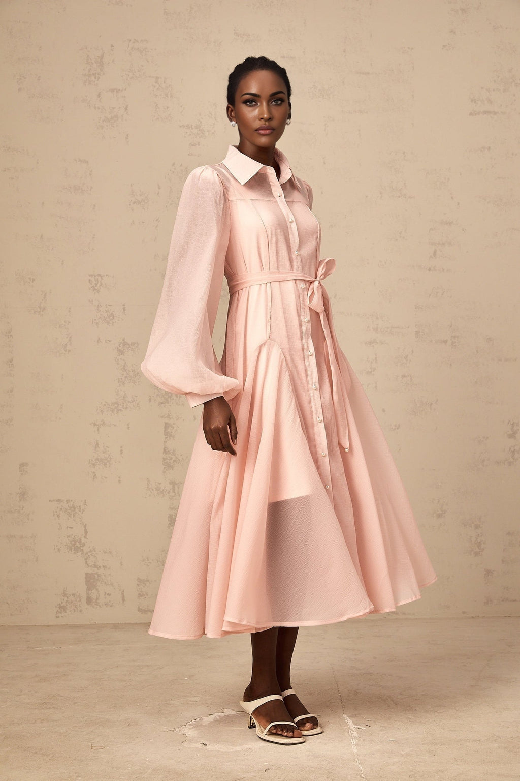 Ginevra Midi Dress - Semi - Sheer Construction - Balloon Sleeves - Tied Waist - Faux - Pearl Embellishment