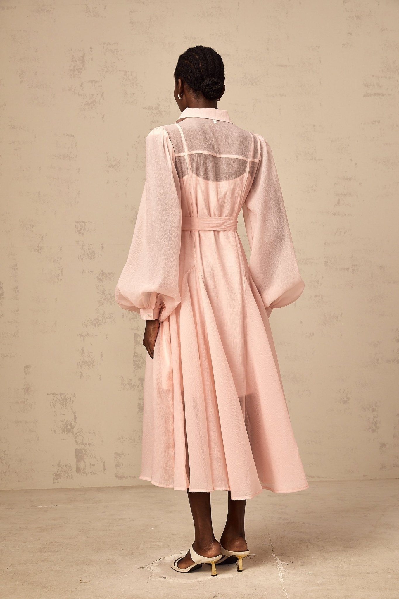Ginevra Midi Dress - Semi - Sheer Construction - Balloon Sleeves - Tied Waist - Faux - Pearl Embellishment