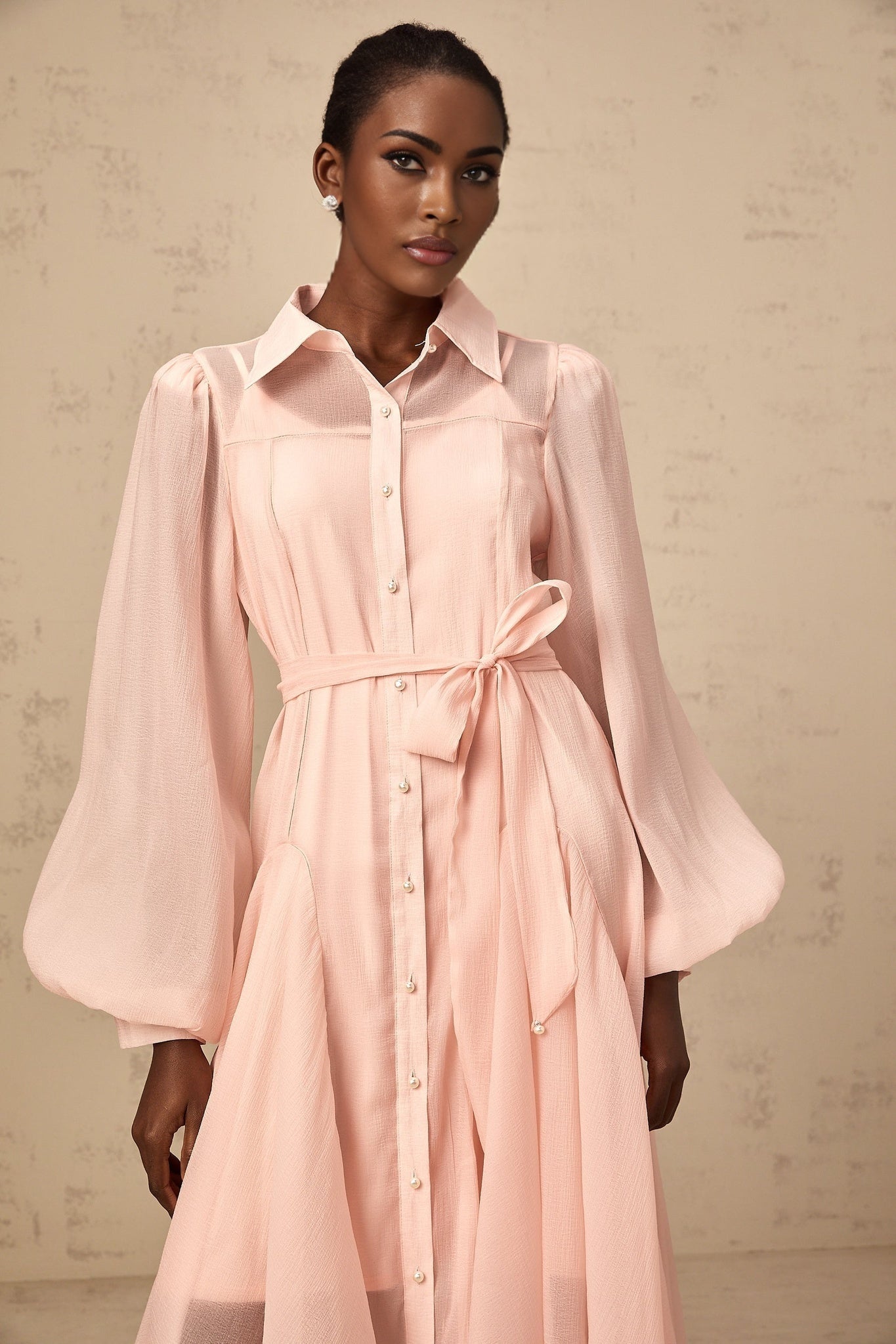 Ginevra Midi Dress - Semi - Sheer Construction - Balloon Sleeves - Tied Waist - Faux - Pearl Embellishment