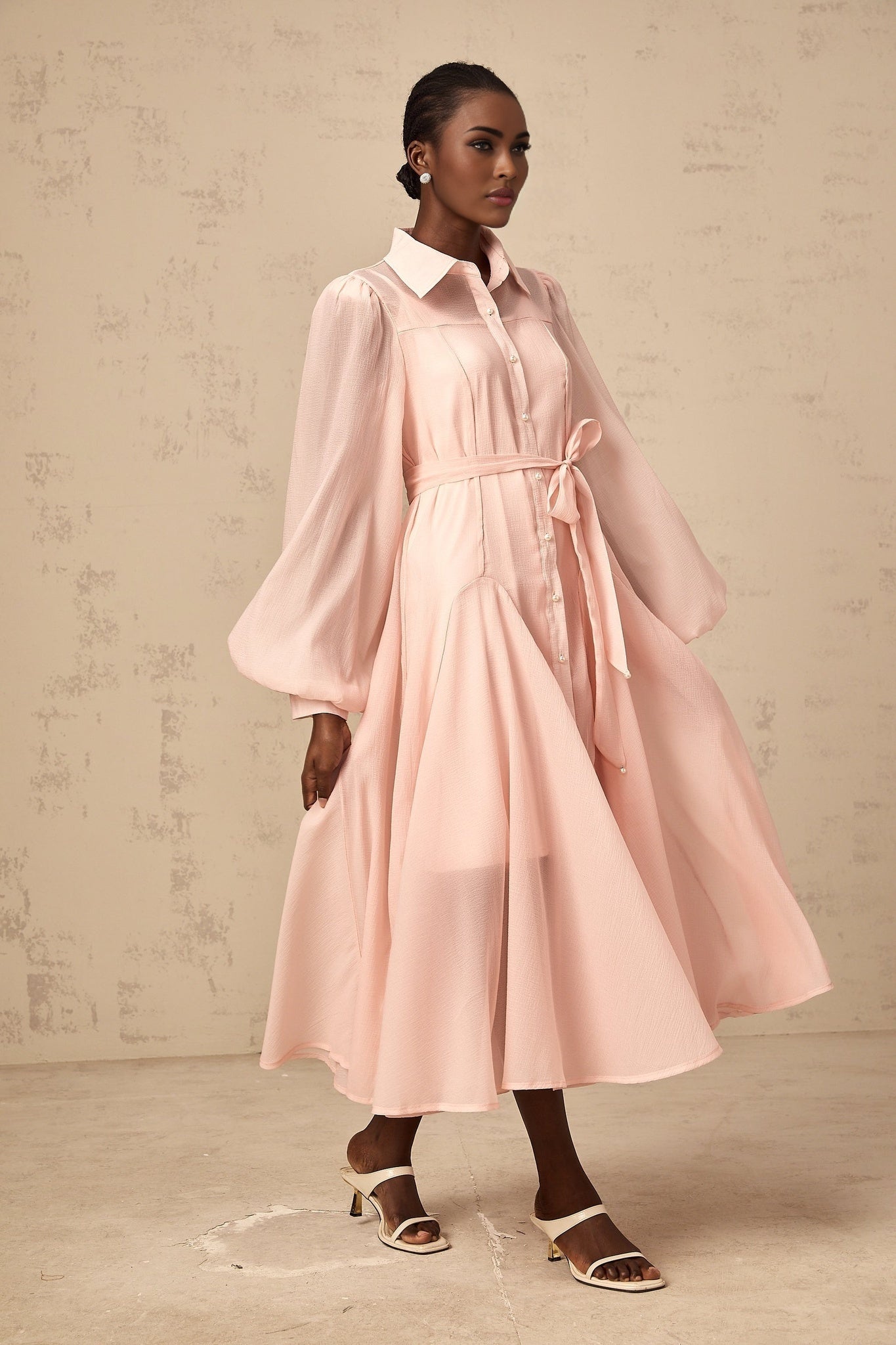 Ginevra Midi Dress - Semi - Sheer Construction - Balloon Sleeves - Tied Waist - Faux - Pearl Embellishment