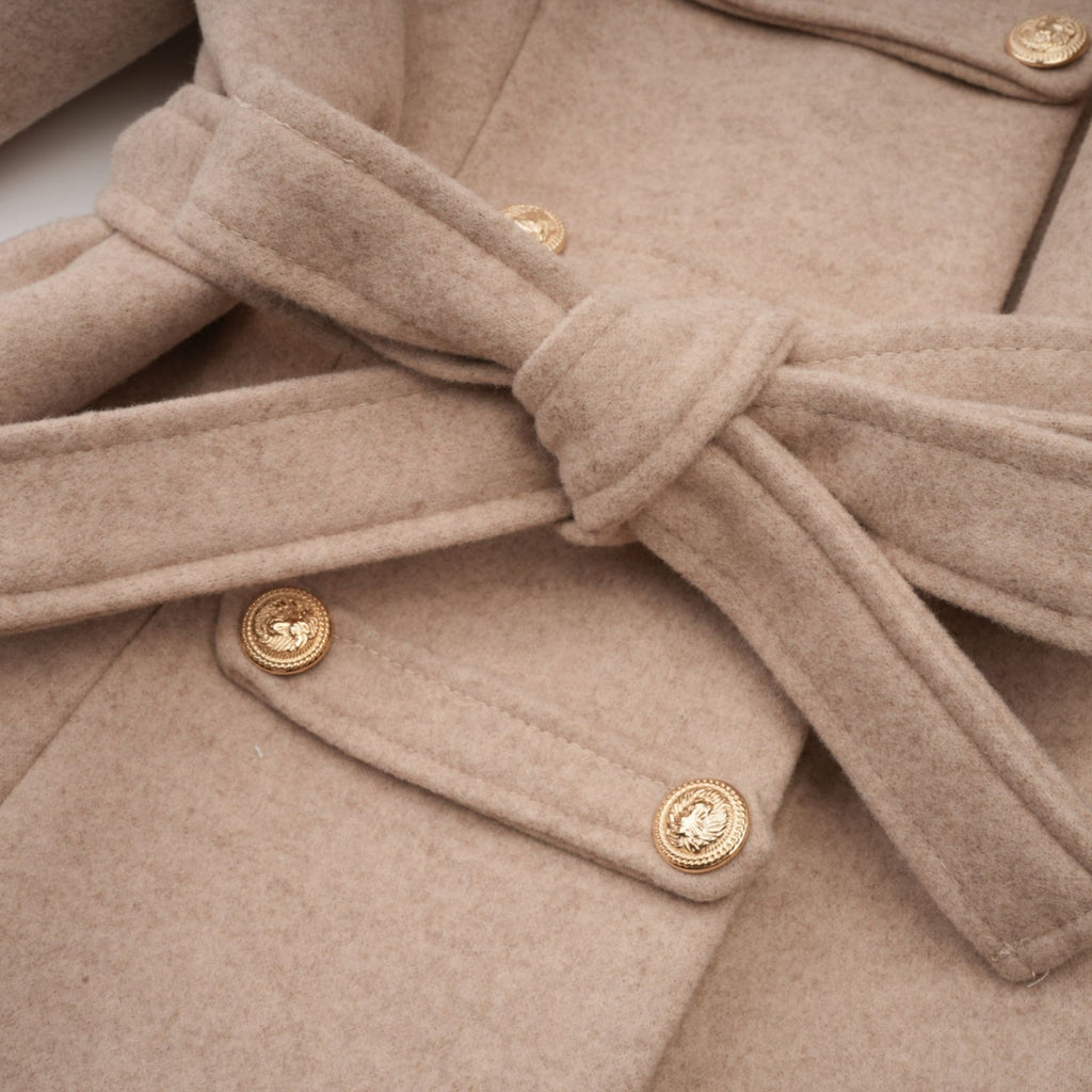 Ginevra Mock Neck Cape Coat – Detachable Scarf – Faux Fur Trim – Gold Buttons – Elegant Long Sleeve Design