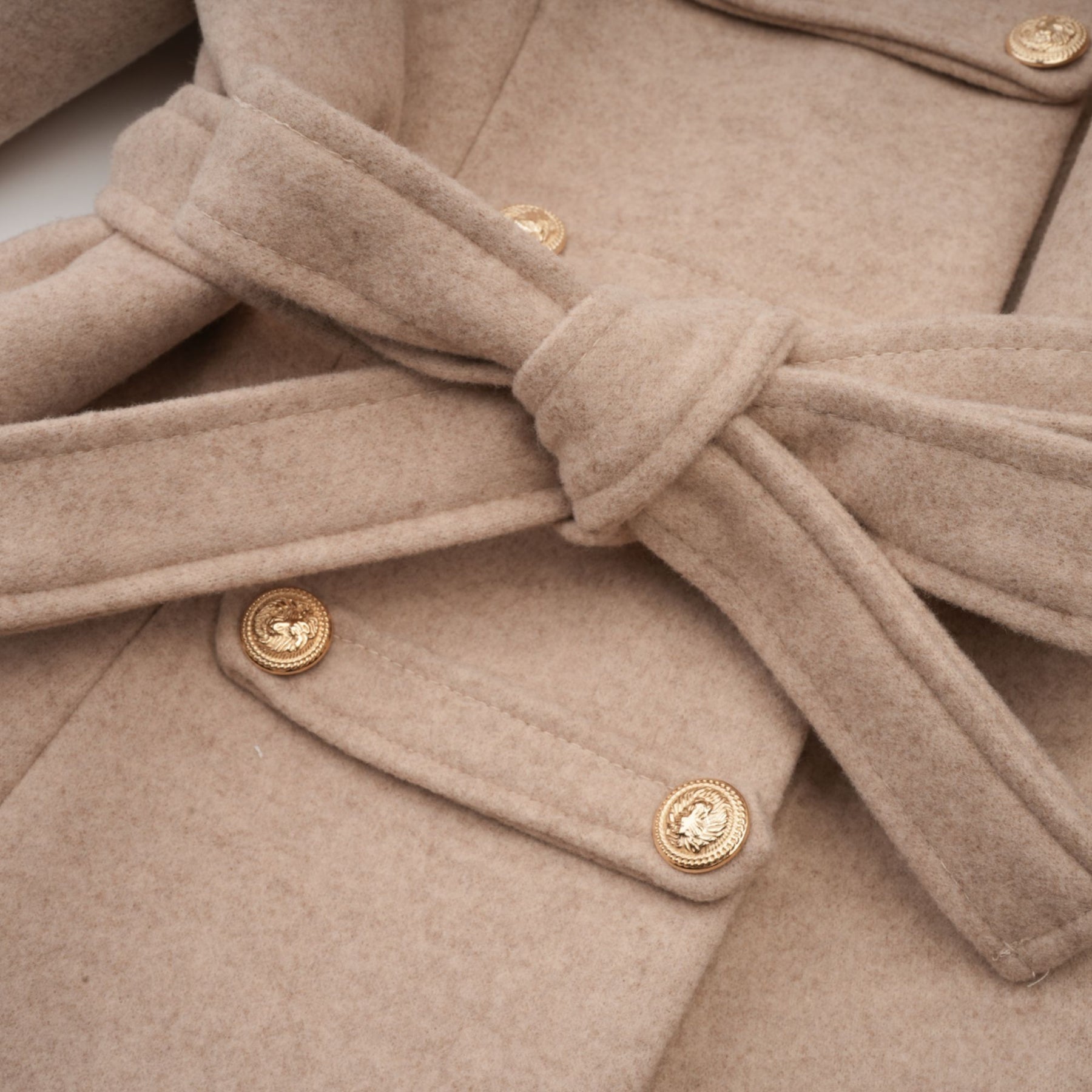 Ginevra Mock Neck Cape Coat – Detachable Scarf – Faux Fur Trim – Gold Buttons – Elegant Long Sleeve Design