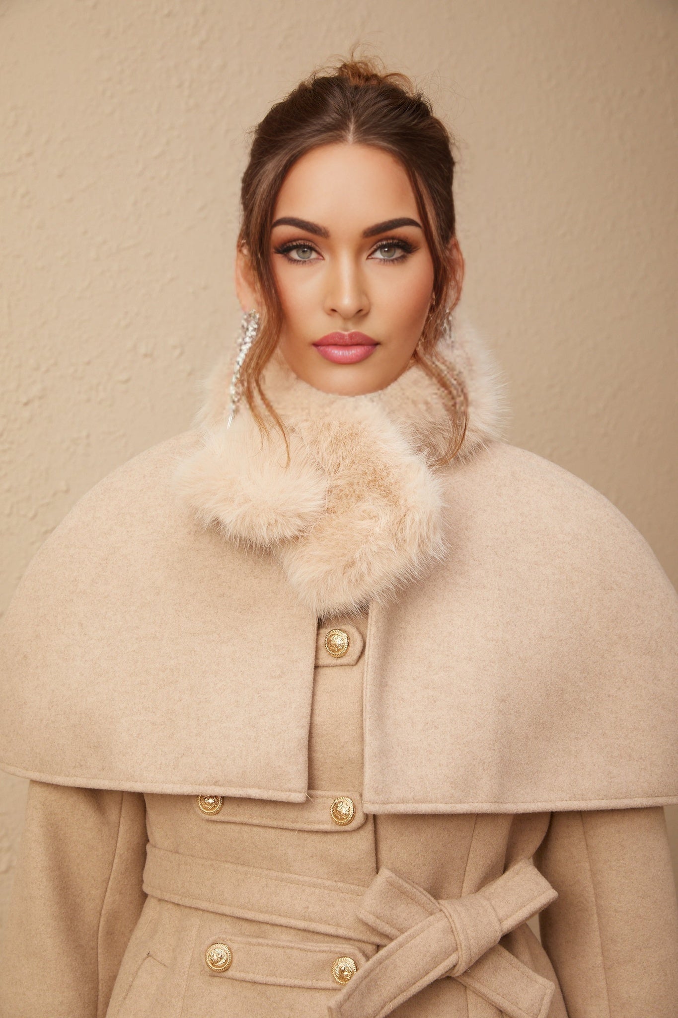 Ginevra Mock Neck Cape Coat – Detachable Scarf – Faux Fur Trim – Gold Buttons – Elegant Long Sleeve Design