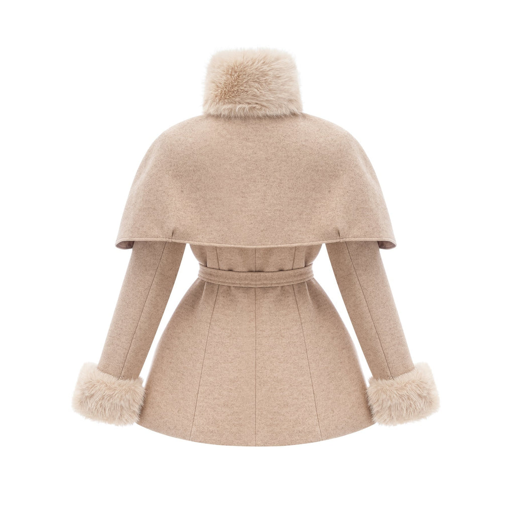 Ginevra Mock Neck Cape Coat – Detachable Scarf – Faux Fur Trim – Gold Buttons – Elegant Long Sleeve Design