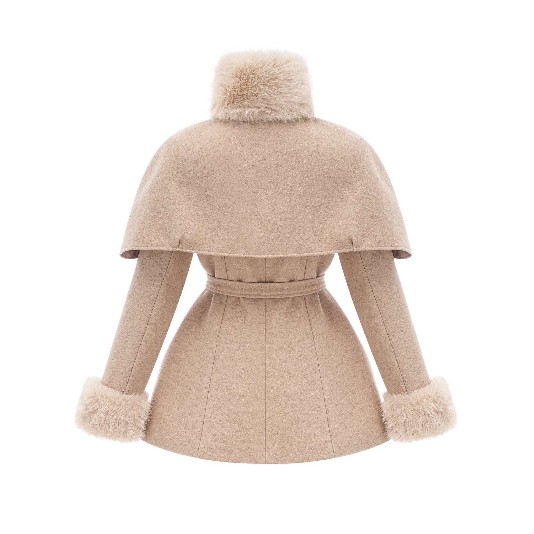Ginevra Mock Neck Cape Coat – Detachable Scarf – Faux Fur Trim – Gold Buttons – Elegant Long Sleeve Design