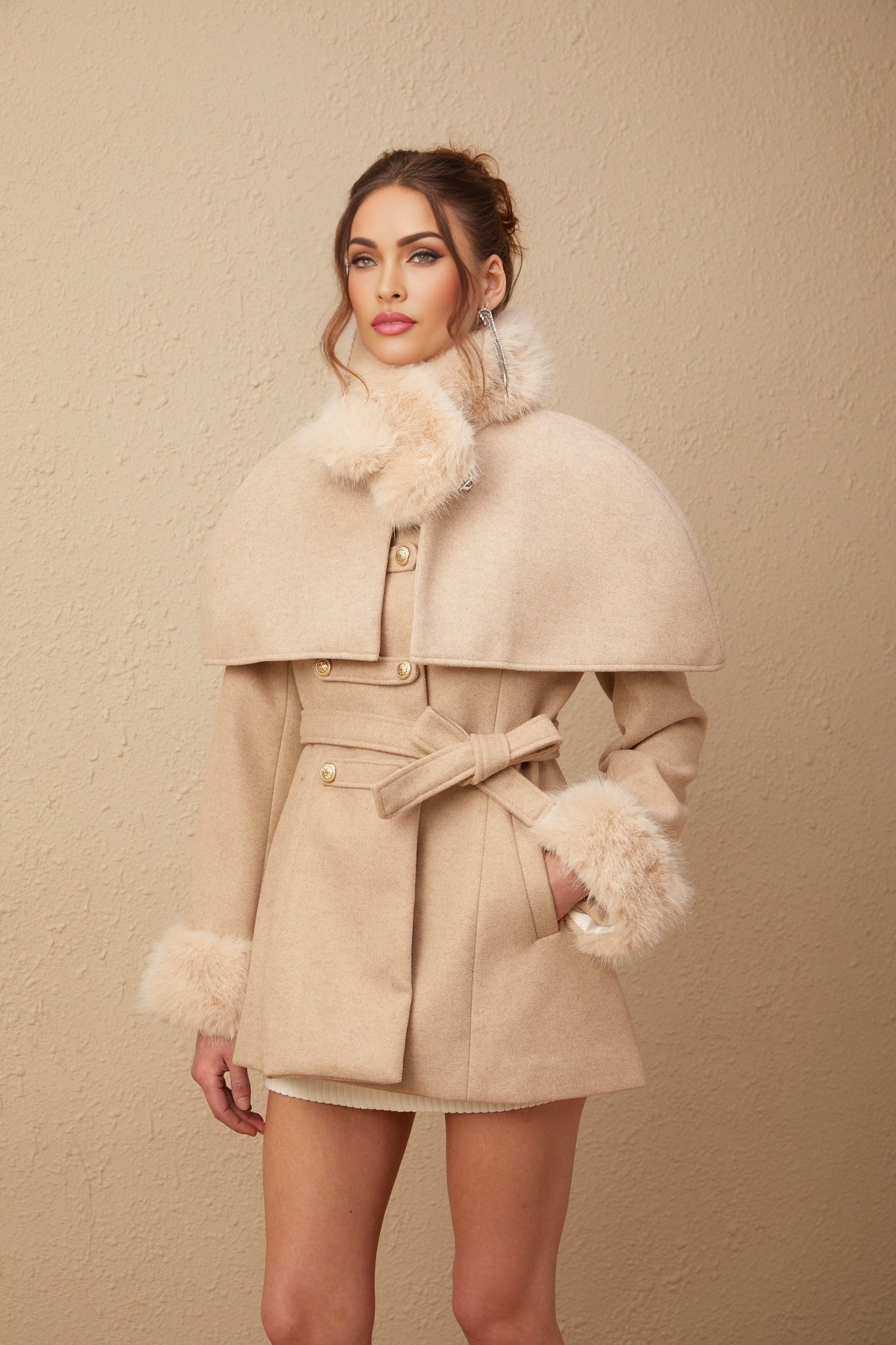 Ginevra Mock Neck Cape Coat – Detachable Scarf – Faux Fur Trim – Gold Buttons – Elegant Long Sleeve Design