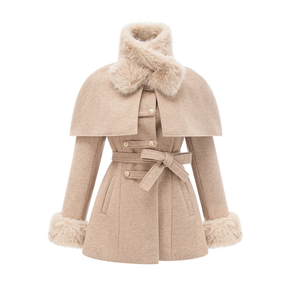 Ginevra Mock Neck Cape Coat – Detachable Scarf – Faux Fur Trim – Gold Buttons – Elegant Long Sleeve Design