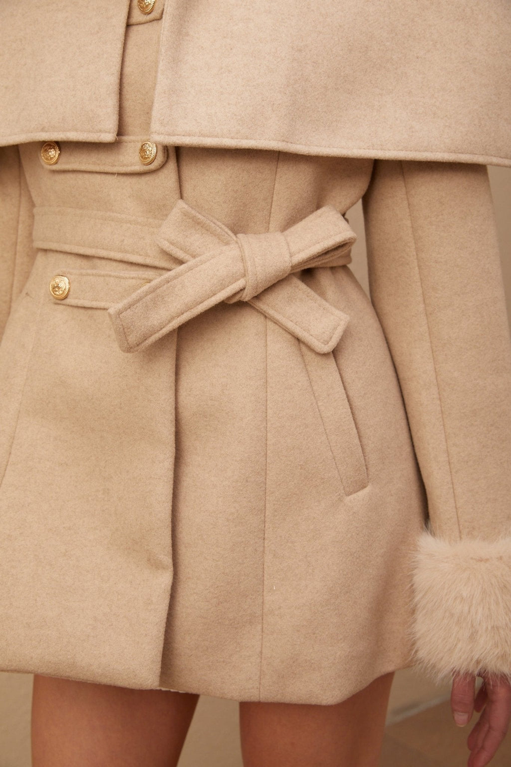 Ginevra Mock Neck Cape Coat – Detachable Scarf – Faux Fur Trim – Gold Buttons – Elegant Long Sleeve Design