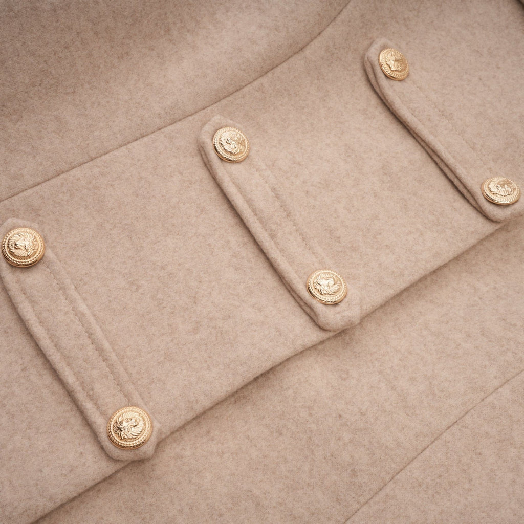 Ginevra Mock Neck Cape Coat – Detachable Scarf – Faux Fur Trim – Gold Buttons – Elegant Long Sleeve Design