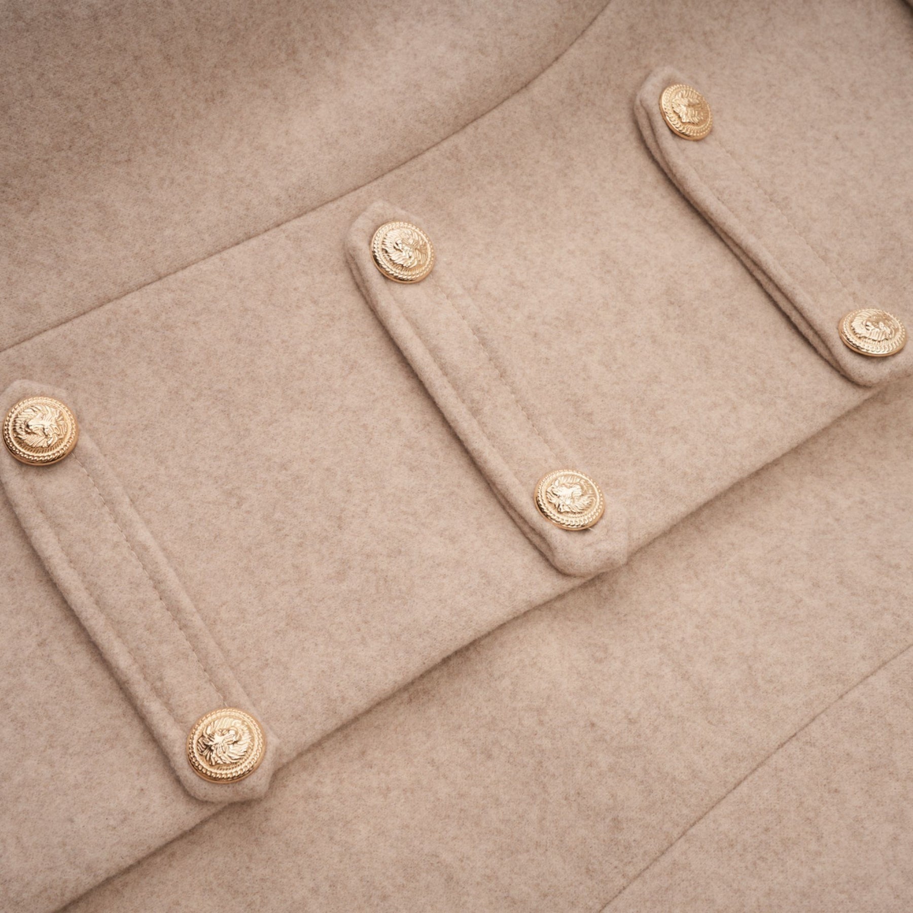 Ginevra Mock Neck Cape Coat – Detachable Scarf – Faux Fur Trim – Gold Buttons – Elegant Long Sleeve Design
