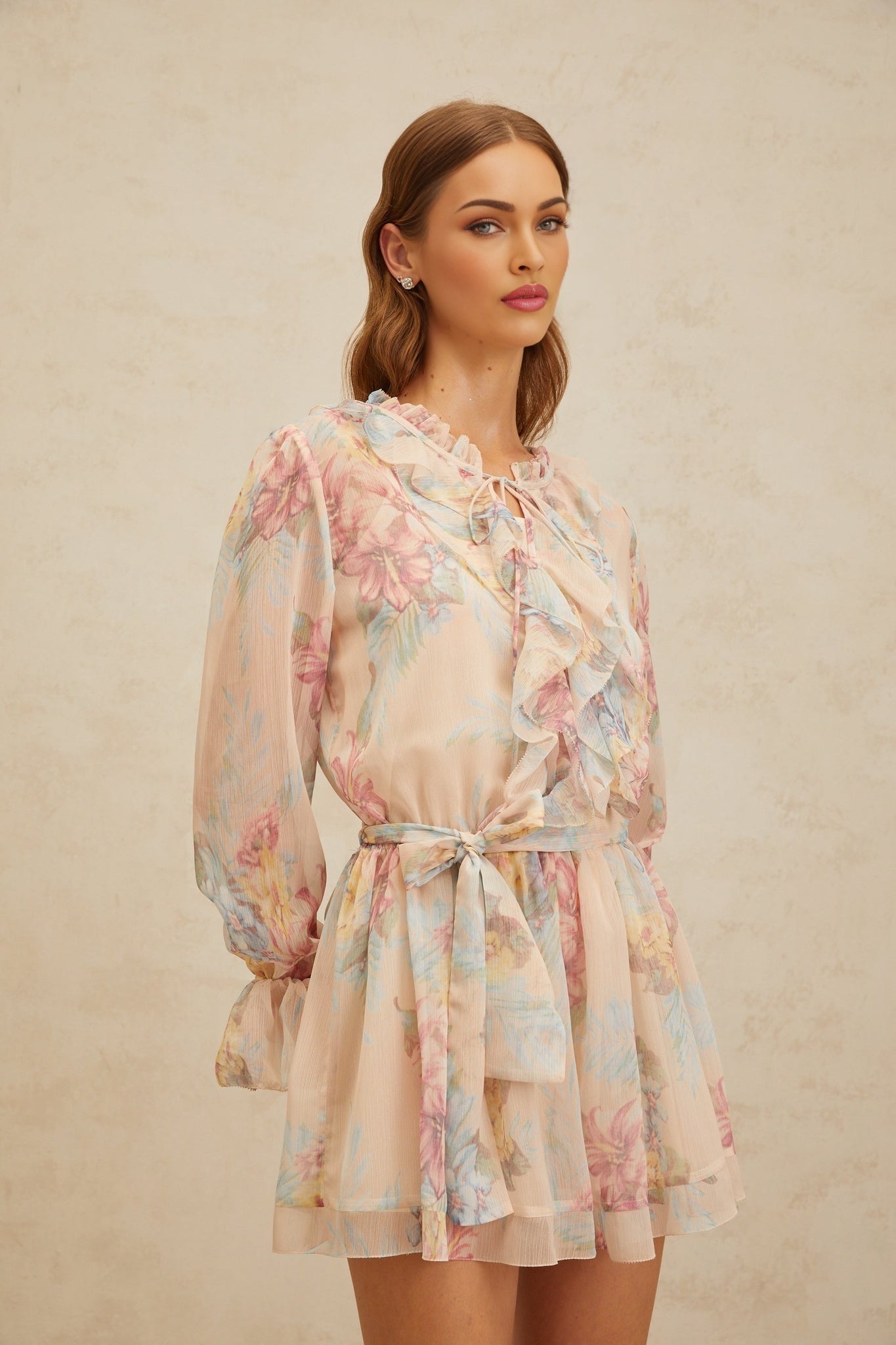 Ginevra Playsuit - Floral Ruffled Chiffon Thigh - Length - Belted - Elasticated