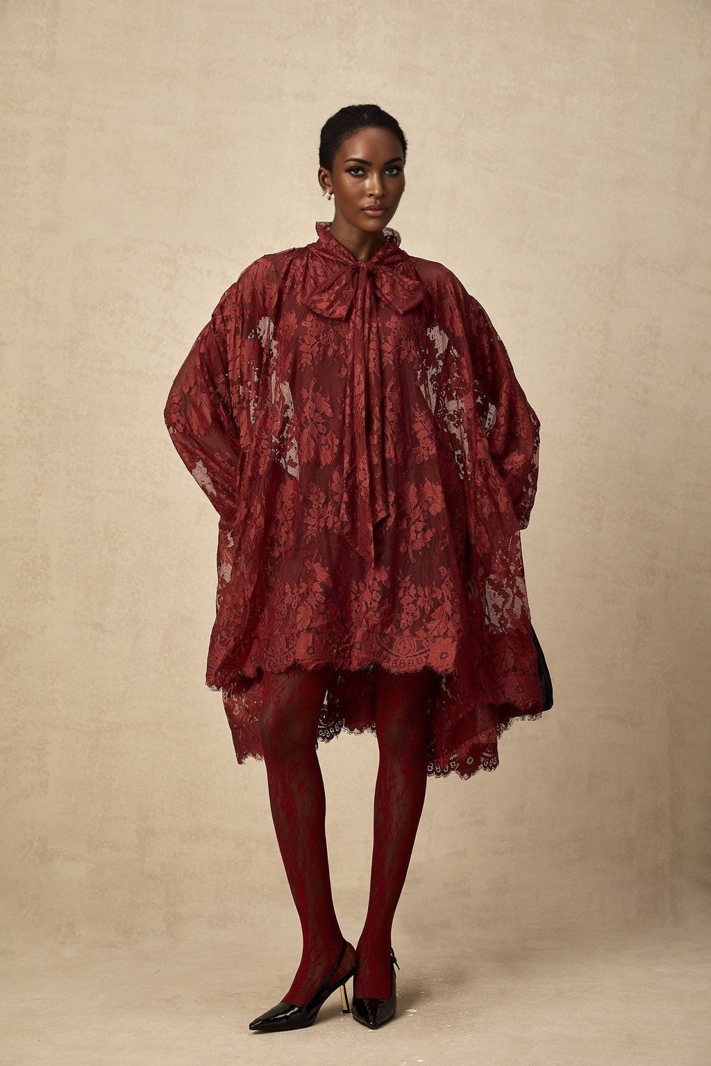 Ginevra Tights - Floral Lace Cut Out - Semi Sheer - Red Feminine
