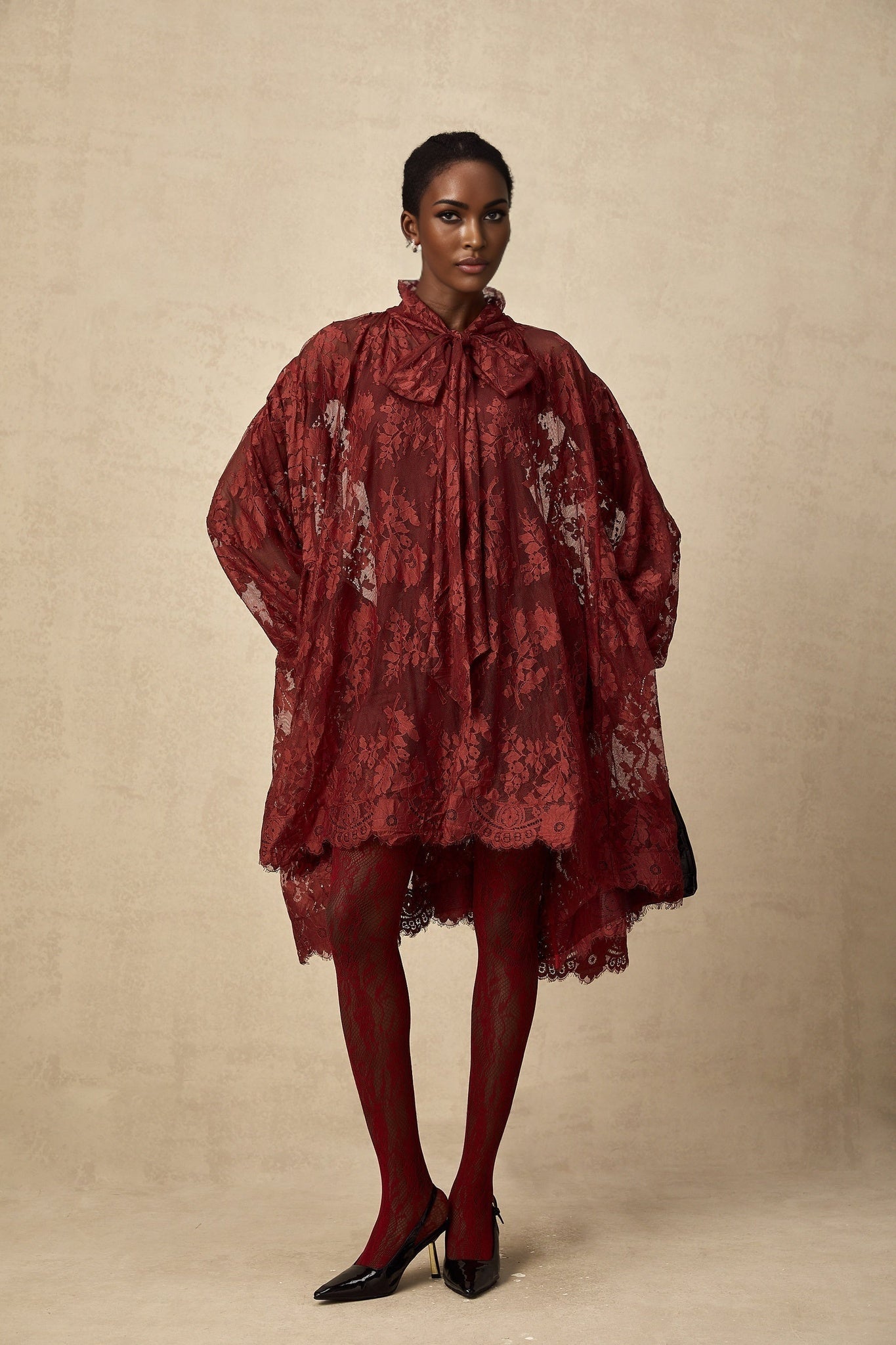 Ginevra Tights - Floral Lace Cut Out - Semi Sheer - Red Feminine