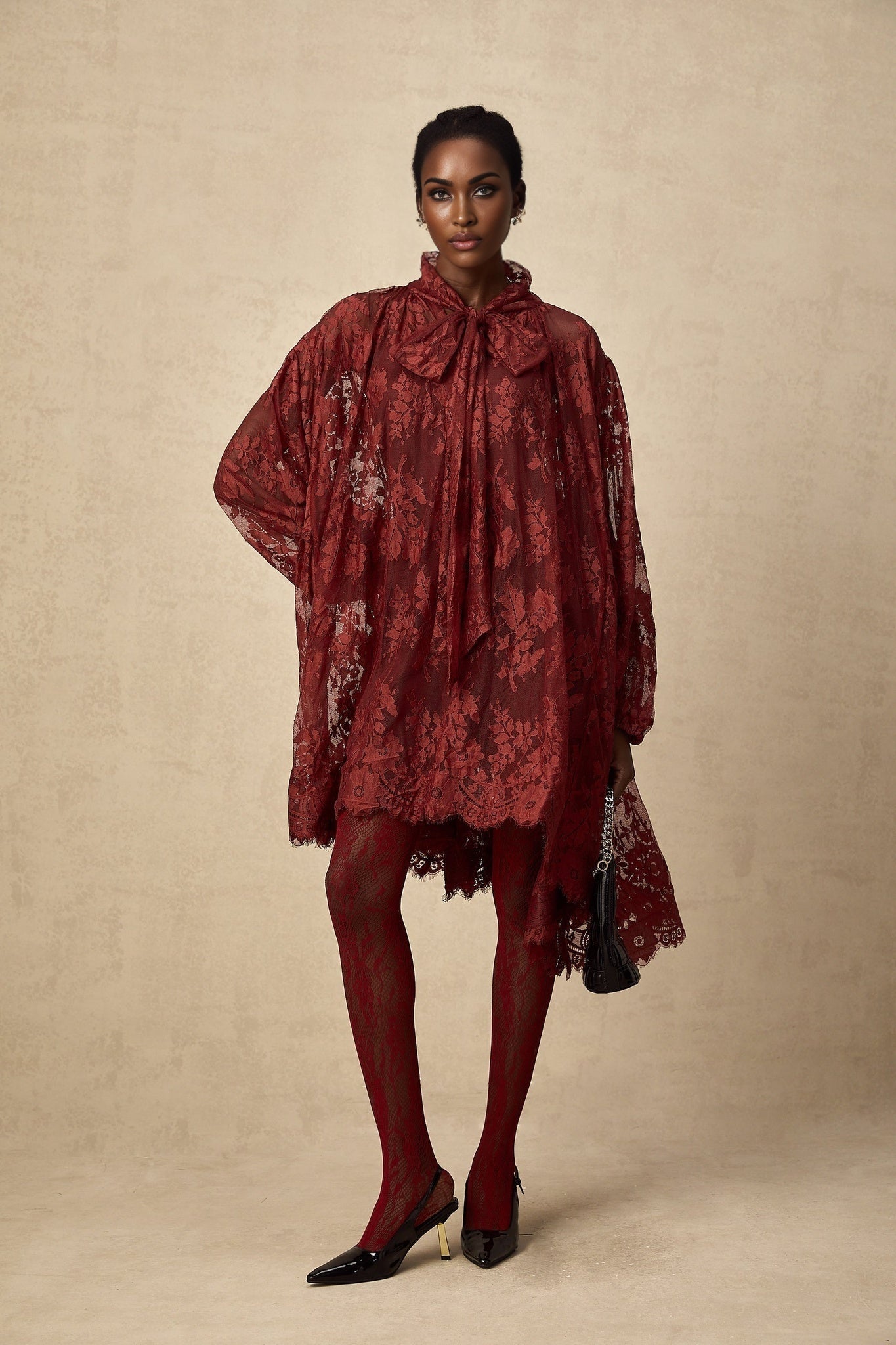 Ginevra Tights - Floral Lace Cut Out - Semi Sheer - Red Feminine