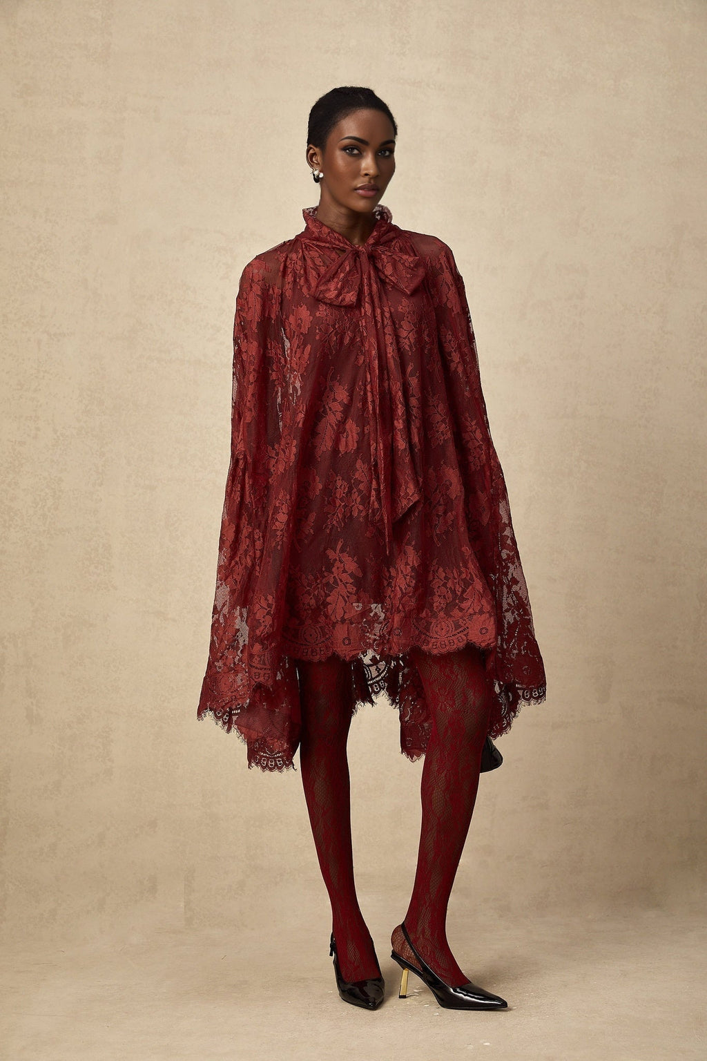 Ginevra Tights - Floral Lace Cut Out - Semi Sheer - Red Feminine