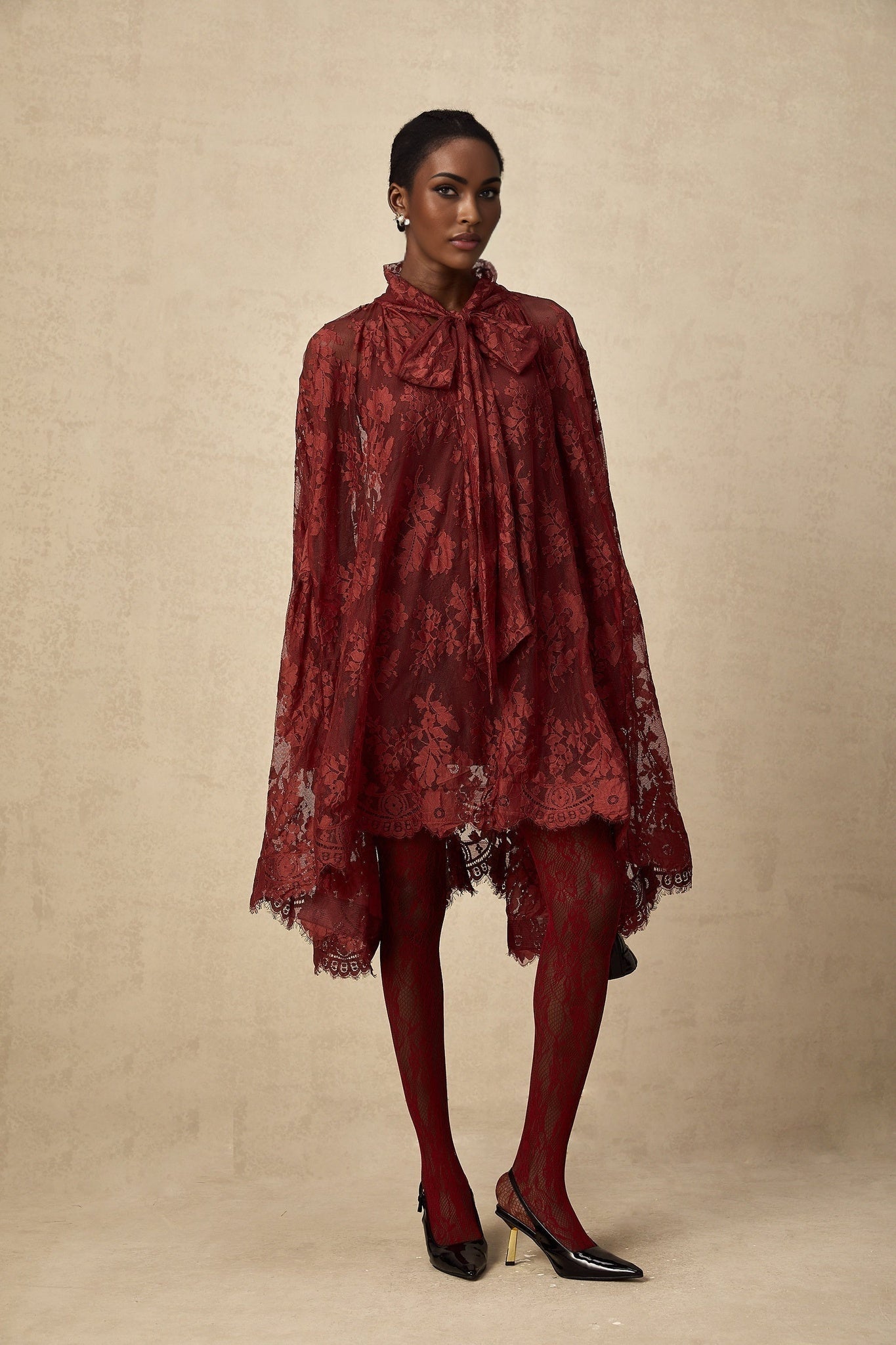 Ginevra Tights - Floral Lace Cut Out - Semi Sheer - Red Feminine