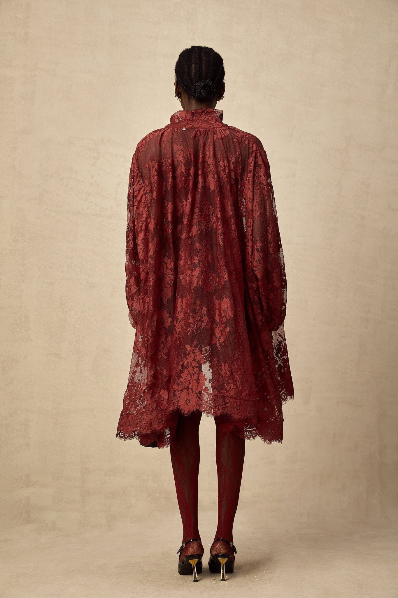 Ginevra Tights - Floral Lace Cut Out - Semi Sheer - Red Feminine
