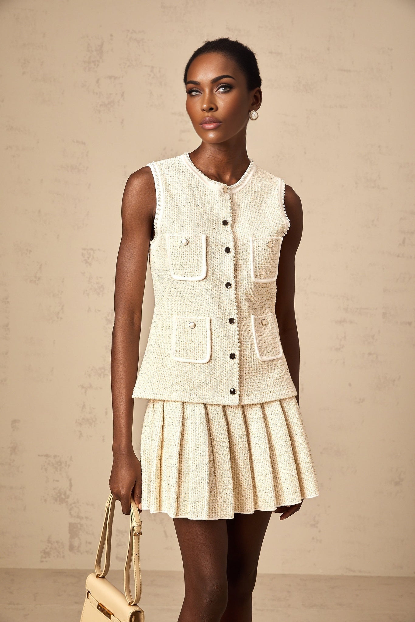 Ginevra Top & Skirt Set - Sequin & Faux - Pearl Embellished - Metallic Threaded Knit - Patch Pockets - Button Front