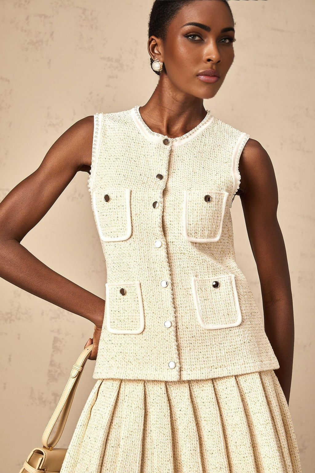 Ginevra Top & Skirt Set - Sequin & Faux - Pearl Embellished - Metallic Threaded Knit - Patch Pockets - Button Front