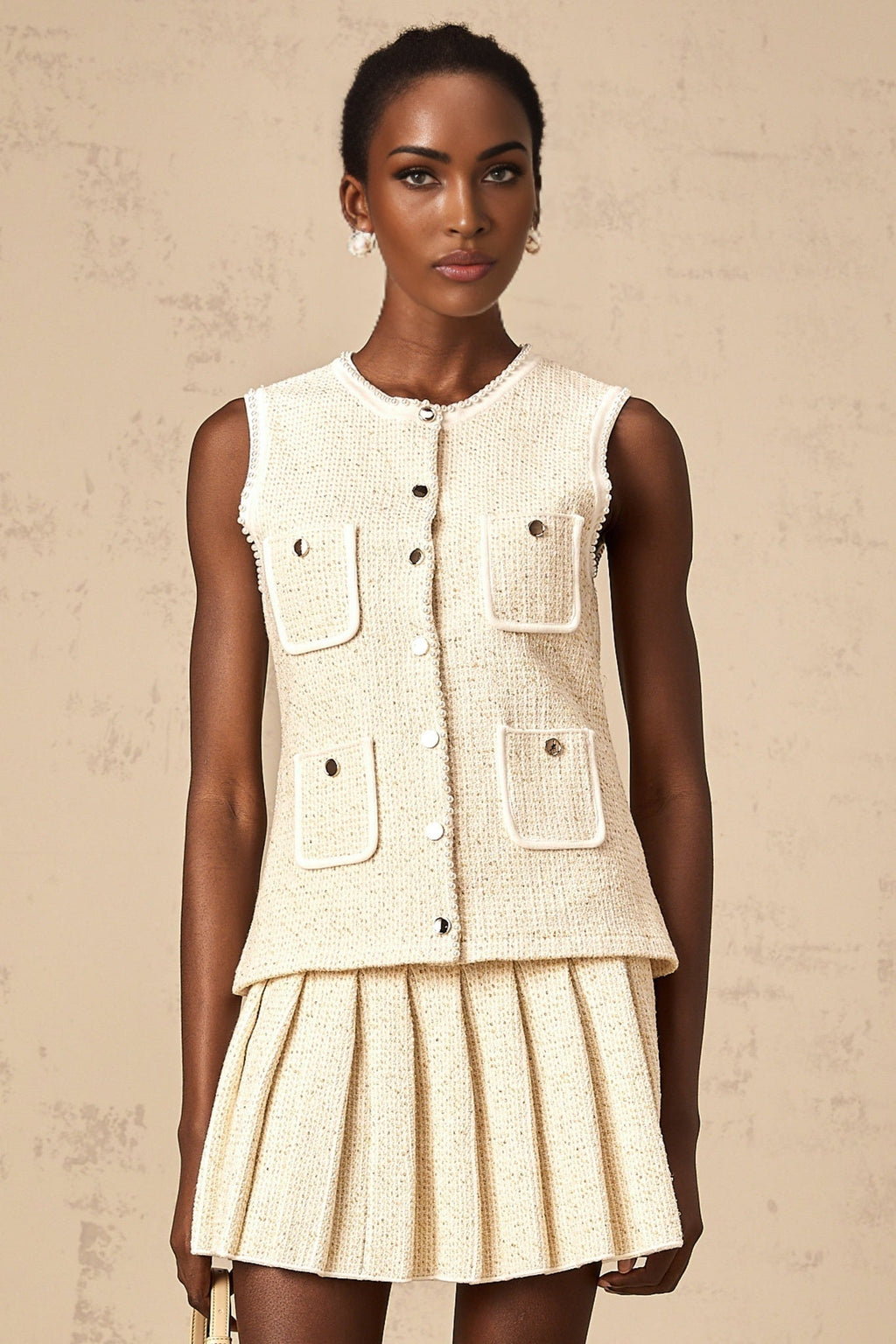 Ginevra Top & Skirt Set - Sequin & Faux - Pearl Embellished - Metallic Threaded Knit - Patch Pockets - Button Front