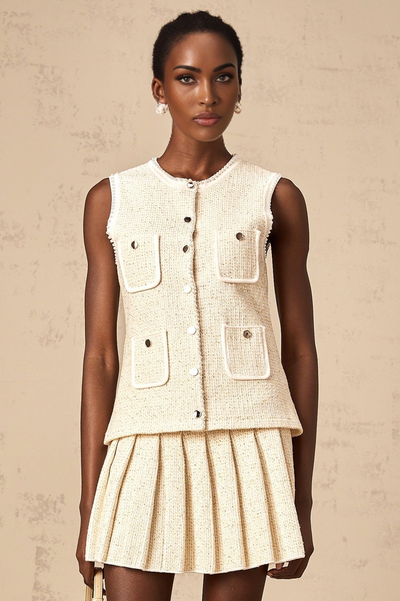 Ginevra Top & Skirt Set - Sequin & Faux - Pearl Embellished - Metallic Threaded Knit - Patch Pockets - Button Front