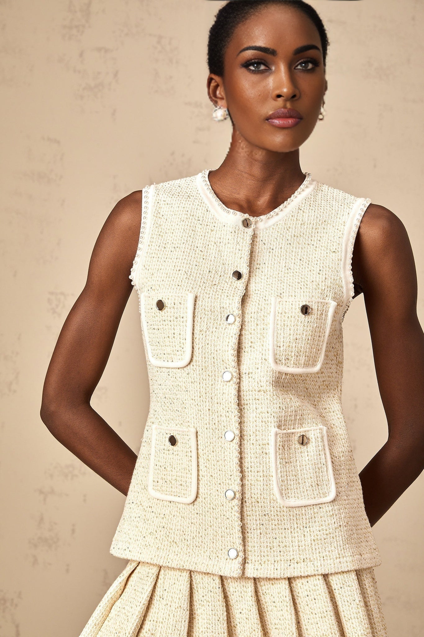 Ginevra Top & Skirt Set - Sequin & Faux - Pearl Embellished - Metallic Threaded Knit - Patch Pockets - Button Front