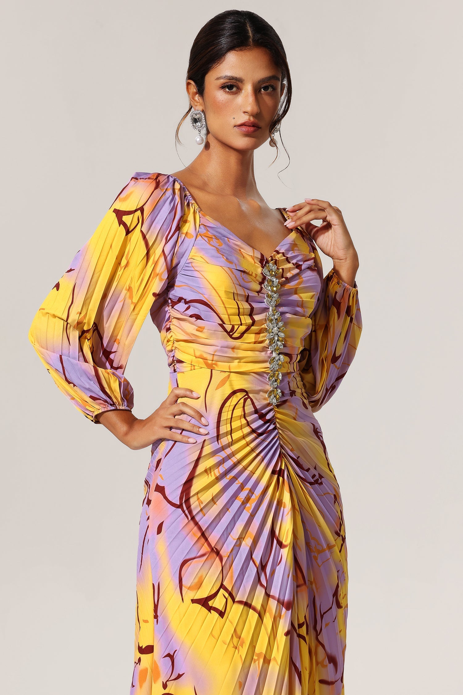 Ginevra Yellow Diamond Print Dress with Plunging Neckline and Side Slit