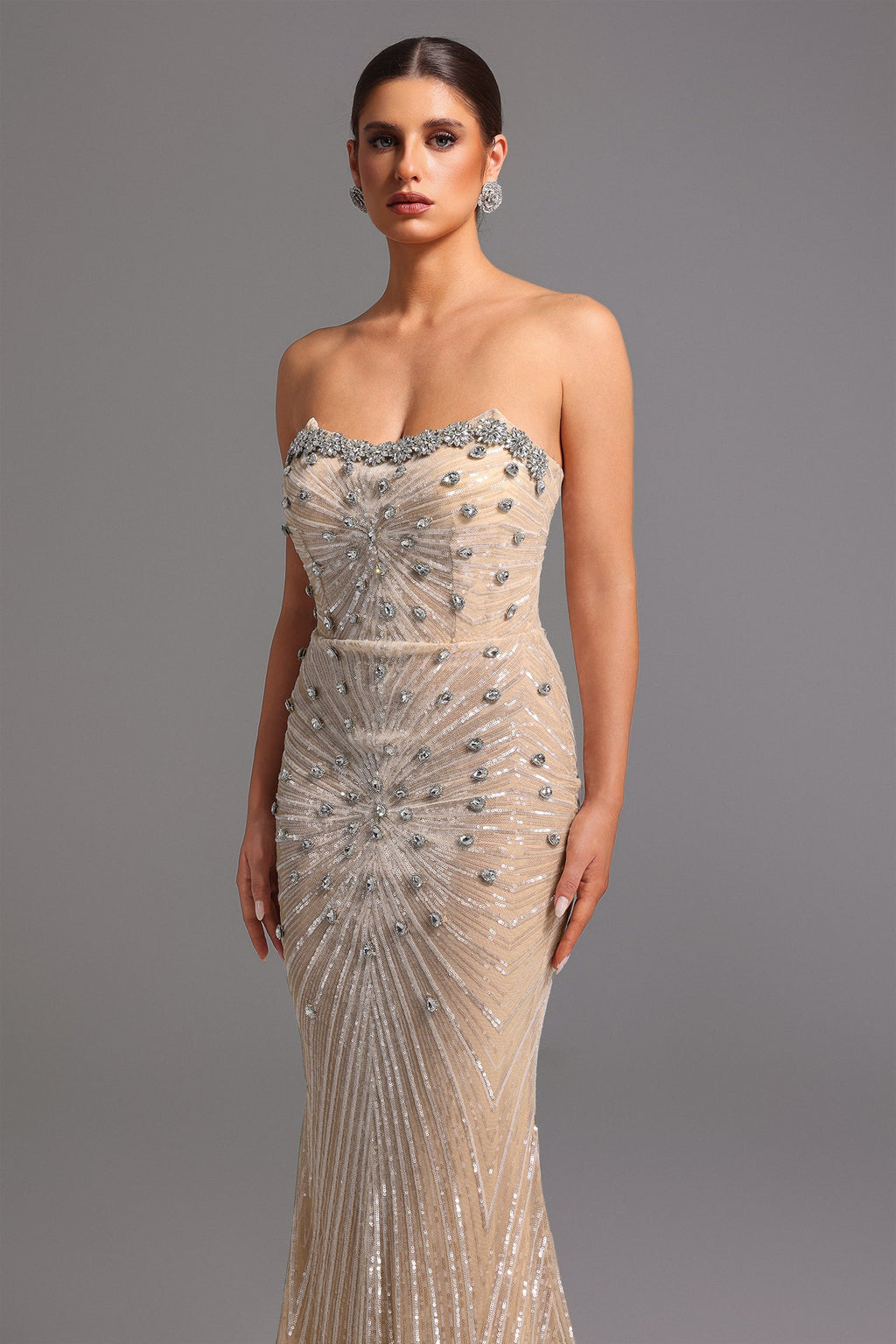 Giorgia Beige Diamond Sequin Strapless Formal Dress