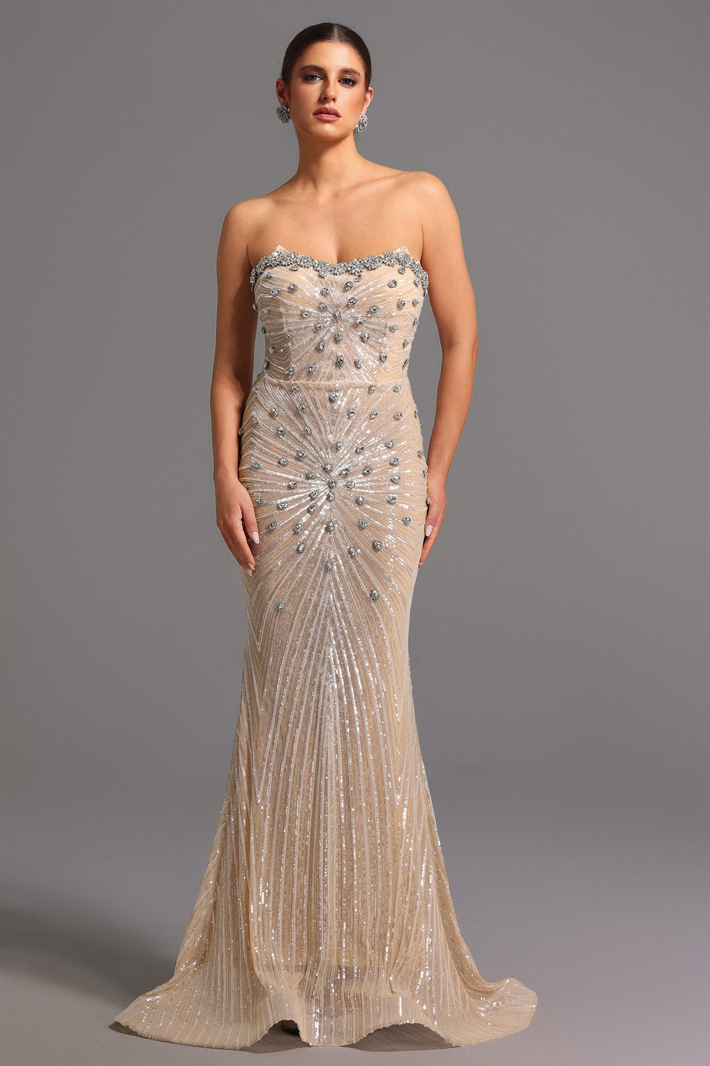 Giorgia Beige Strapless Diamond Sequin Formal Dress