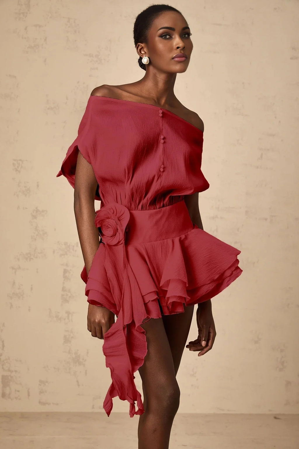 Giorgia Mini Dress Red Floral Appliqu Off - Shoulder Flounce Hem & Cinched Waist