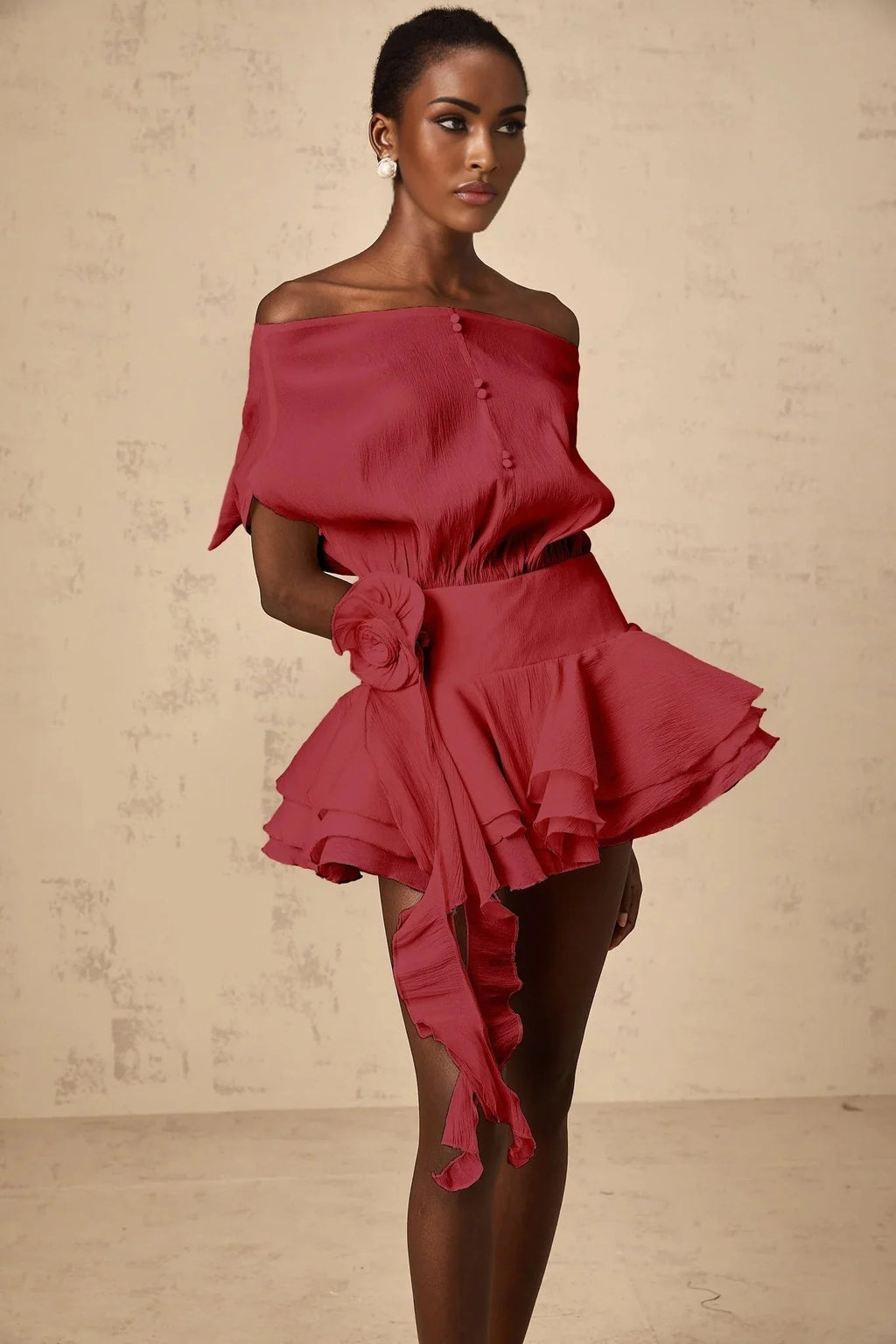 Giorgia Mini Dress Red Floral Appliqu Off - Shoulder Flounce Hem & Cinched Waist