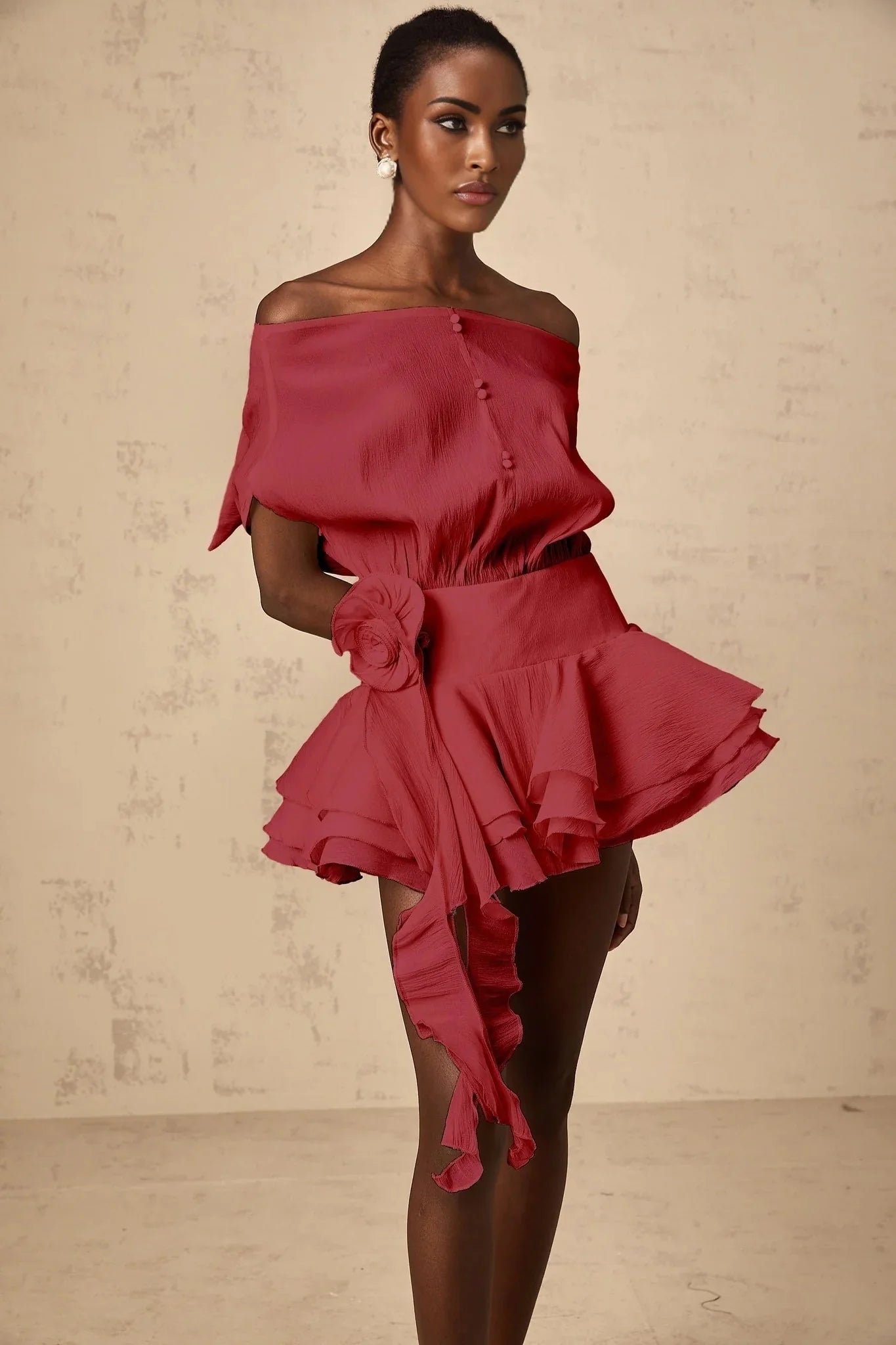 Giorgia Mini Dress Red Floral Appliqu Off - Shoulder Flounce Hem & Cinched Waist