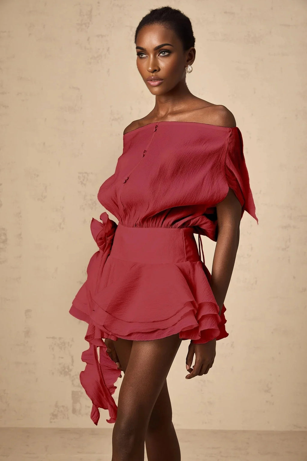 Giorgia Mini Dress Red Floral Appliqu Off - Shoulder Flounce Hem & Cinched Waist