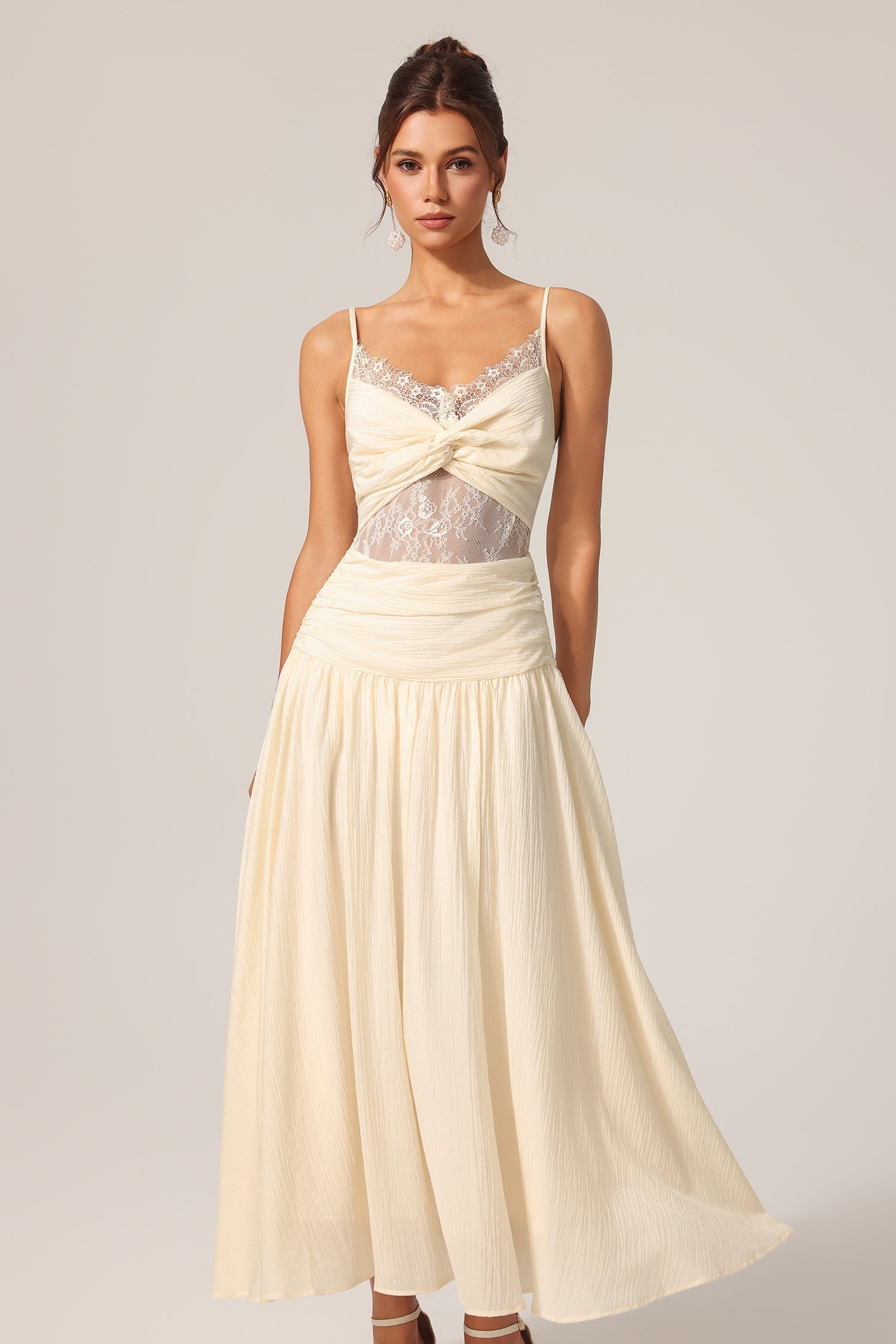 Giovanna Beige Lace Halter Maxi Dress