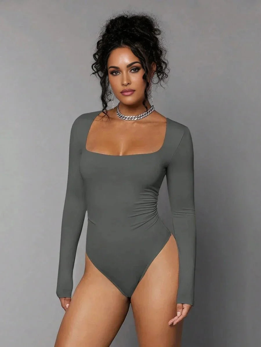 Giovanna Bodysuit - Slim Fit - Medium Stretch Knitted Fabric - Square Neck Neckline - Long Sleeve Length - Casual Style - Premium Quality