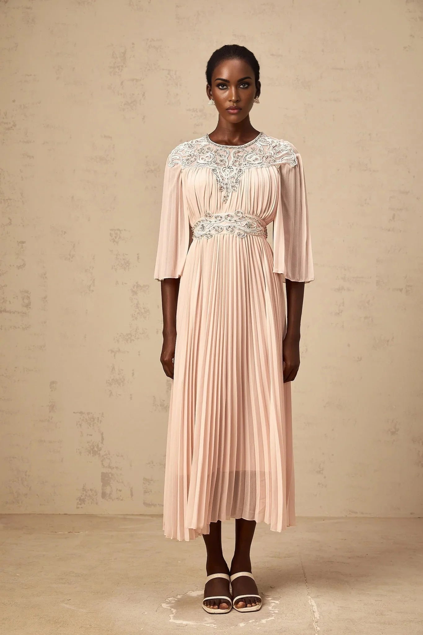 Giovanna Midi Dress Pink Crystal Embellished Pleated & Mesh Panels