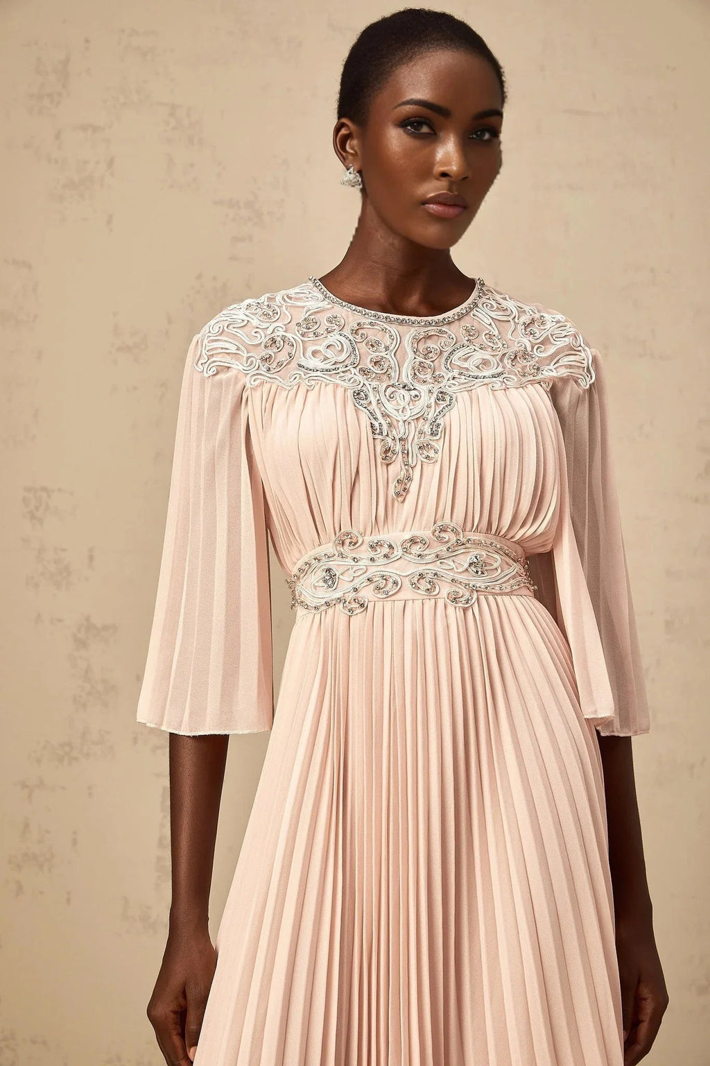 Giovanna Midi Dress Pink Crystal Embellished Pleated & Mesh Panels